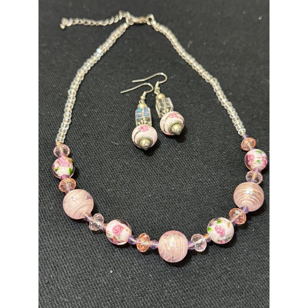 Vintage Handcrafted Pink Floral Glass Bead Necklace & Earring Set